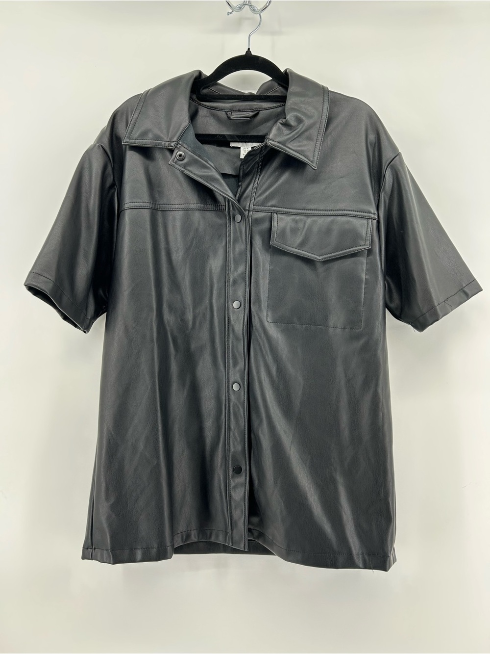Topshop Black Short-Sleeve Button-Front Faux Leather Shirt